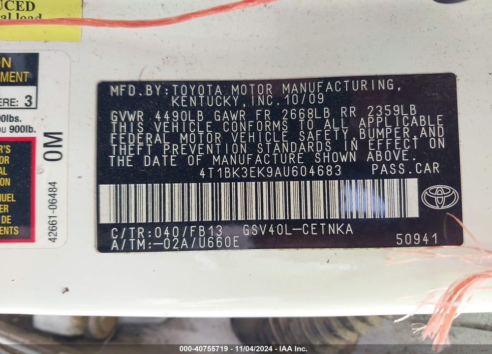 2010 TOYOTA CAMRY LE V6 VIN: 4T1BK3EK9AU604683