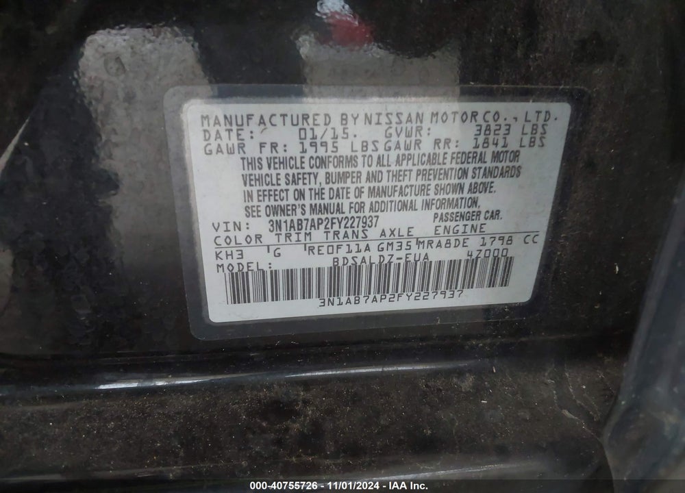 2015 NISSAN SENTRA SV VIN: 3N1AB7AP2FY227937