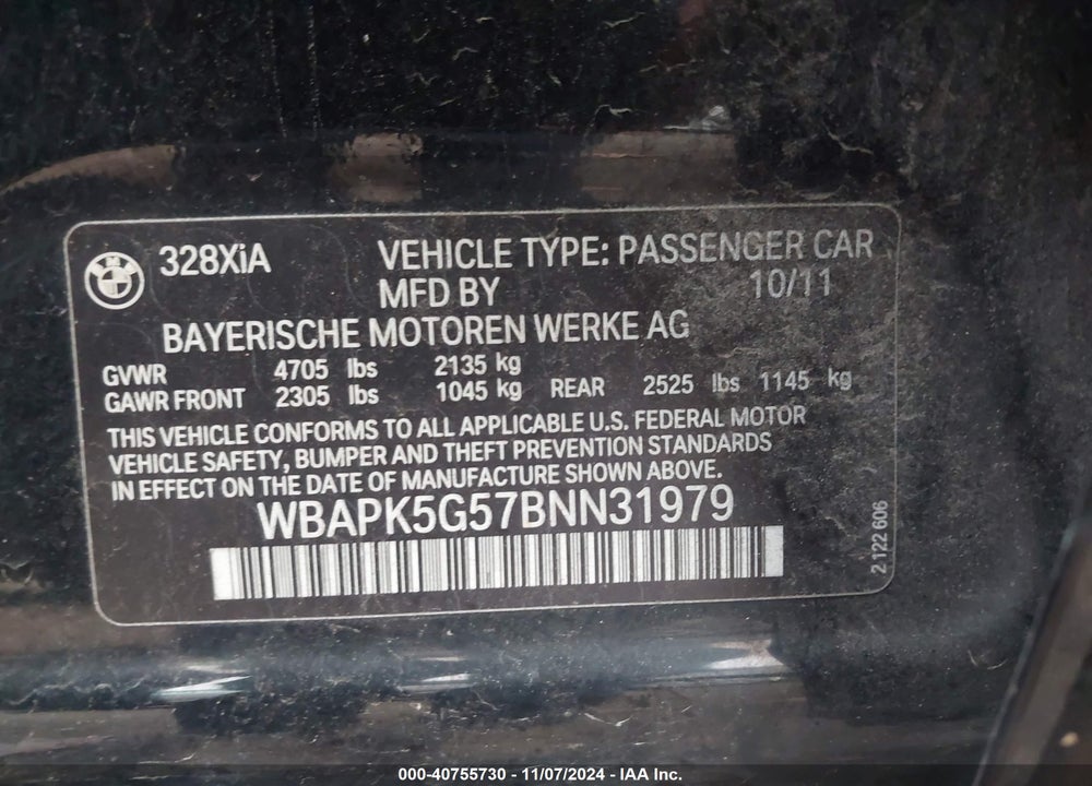 2011 BMW 328I XDRIVE VIN: WBAPK5G57BNN31979