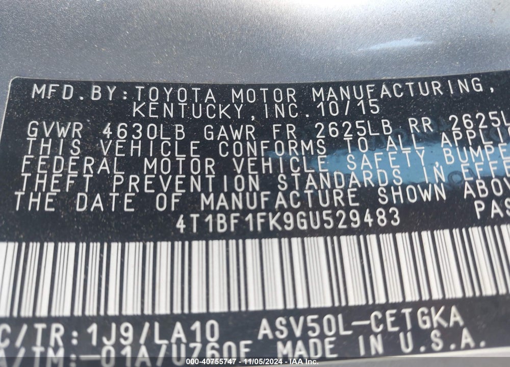 2016 TOYOTA CAMRY XLE VIN: 4T1BF1FK9GU529483
