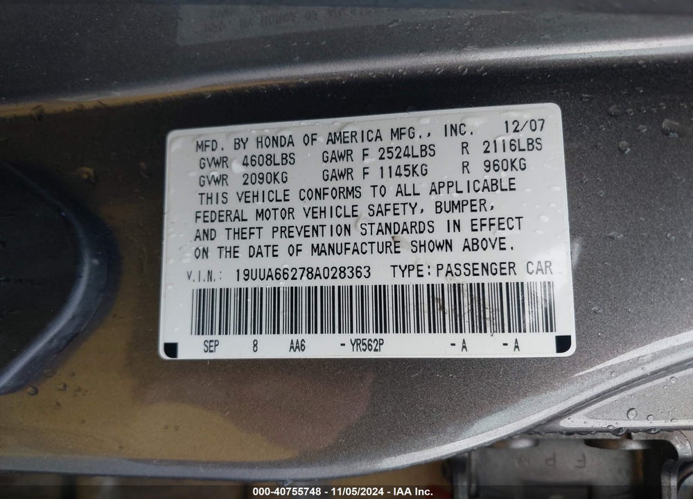 2008 ACURA TL 3.2 VIN: 19UUA66278A028363