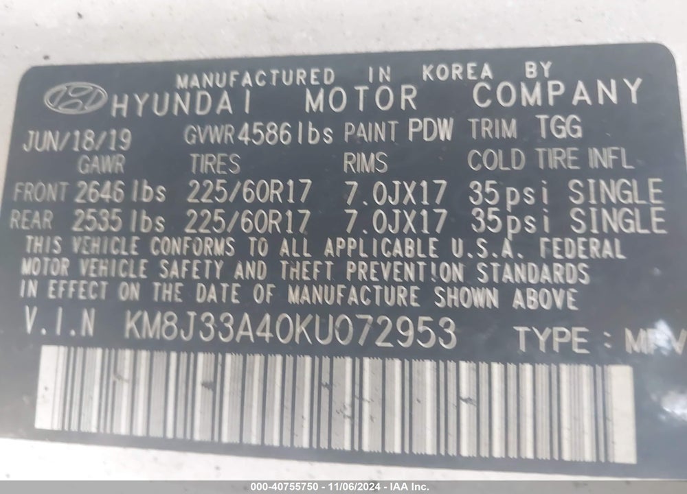 2019 HYUNDAI TUCSON VALUE VIN: KM8J33A40KU072953