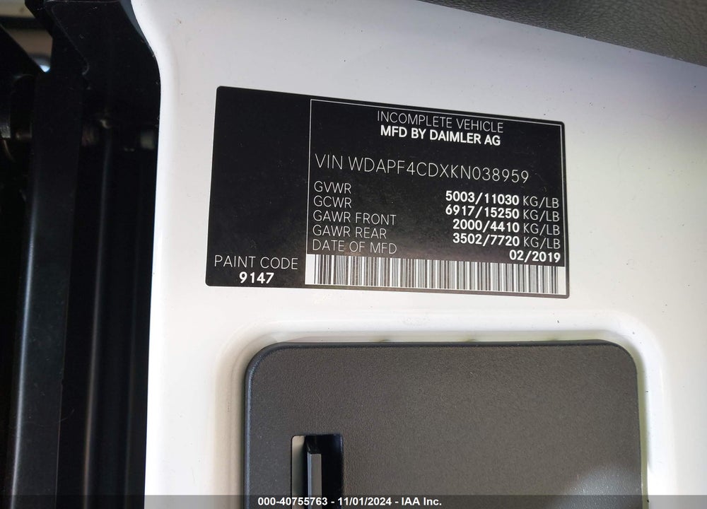2019 MERCEDES SPRINTER 4500 VIN: WDAPF4CDXKN038959
