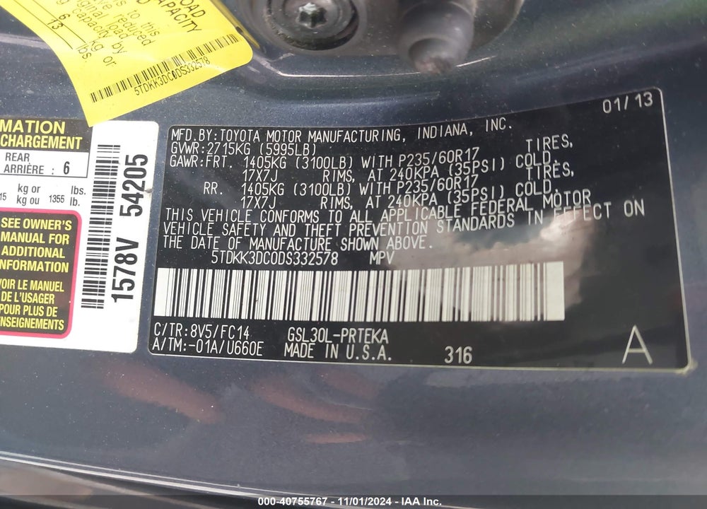 2013 TOYOTA SIENNA LE V6 8 PASSENGER VIN: 5TDKK3DC0DS332578