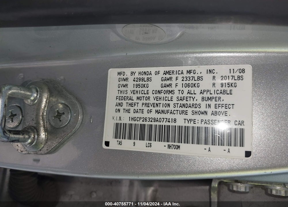 2009 HONDA ACCORD 2.4 LX VIN: 1HGCP26329A077418