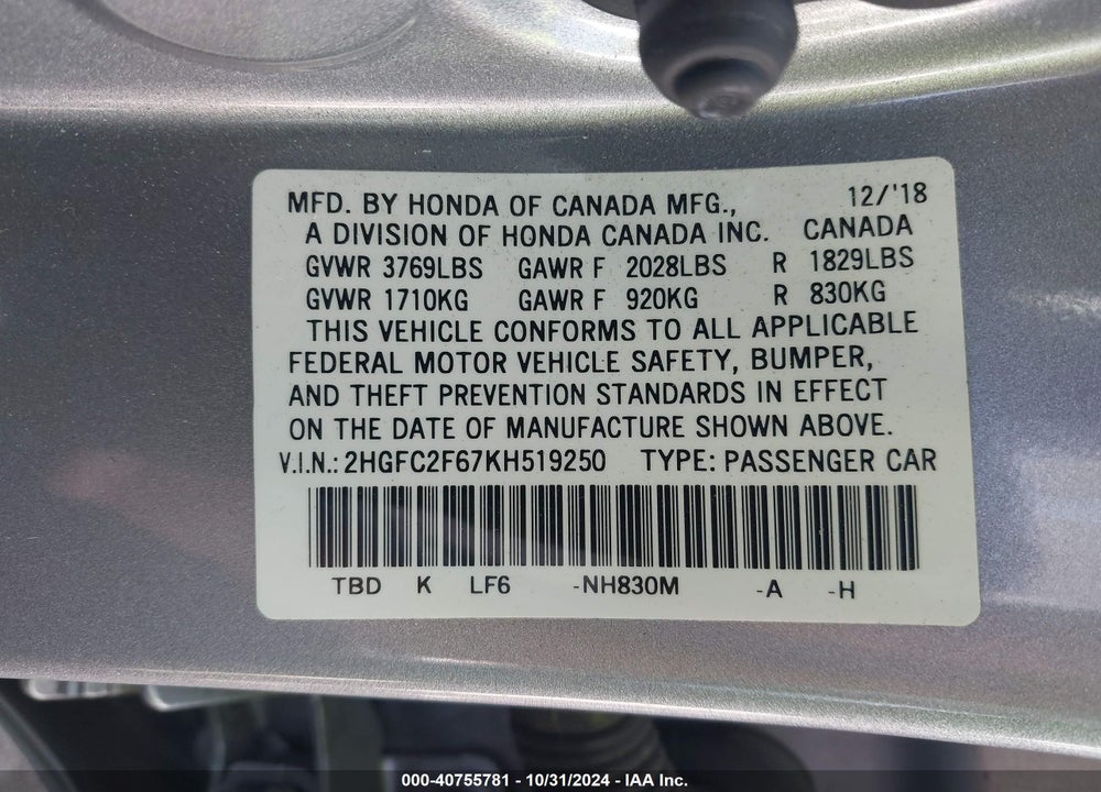 2019 HONDA CIVIC LX VIN: 2HGFC2F67KH519250