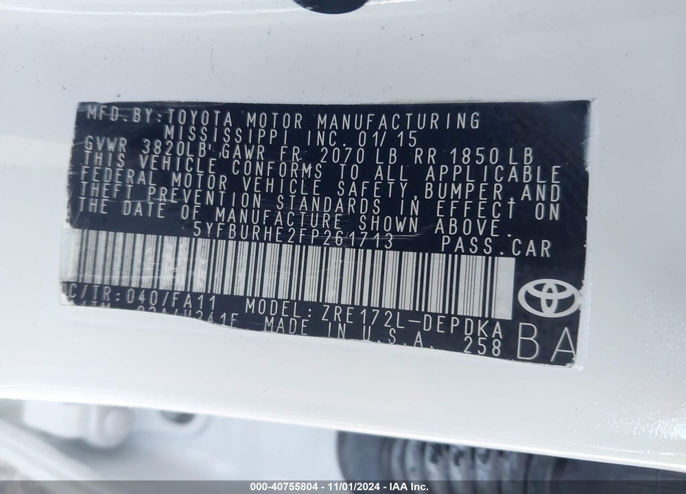 2015 TOYOTA COROLLA L VIN: 5YFBURHE2FP261713