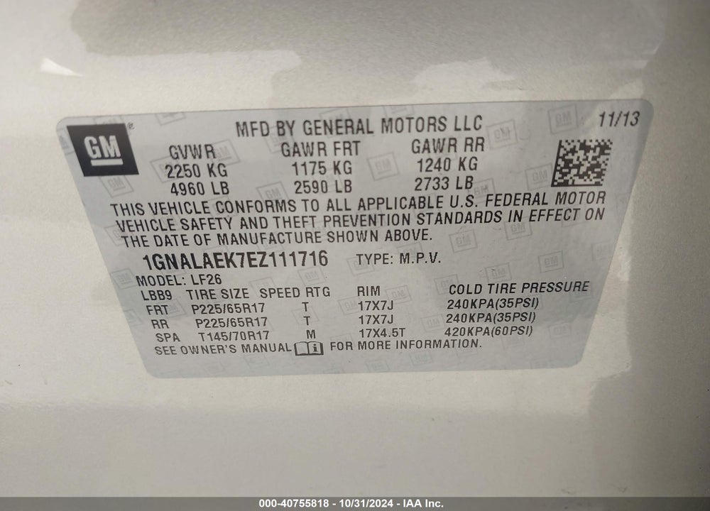 2014 CHEVROLET EQUINOX LS VIN: 1GNALAEK7EZ111716