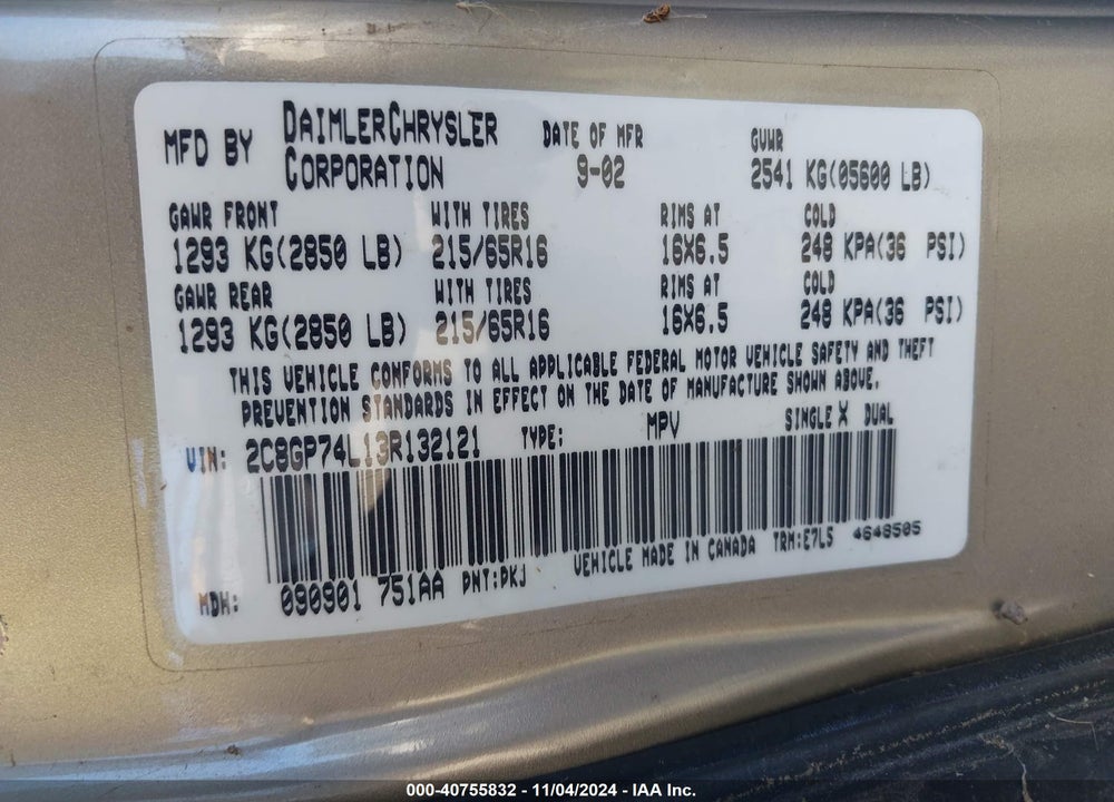 2003 CHRYSLER TOWN & COUNTRY EX VIN: 2C8GP74L13R132121