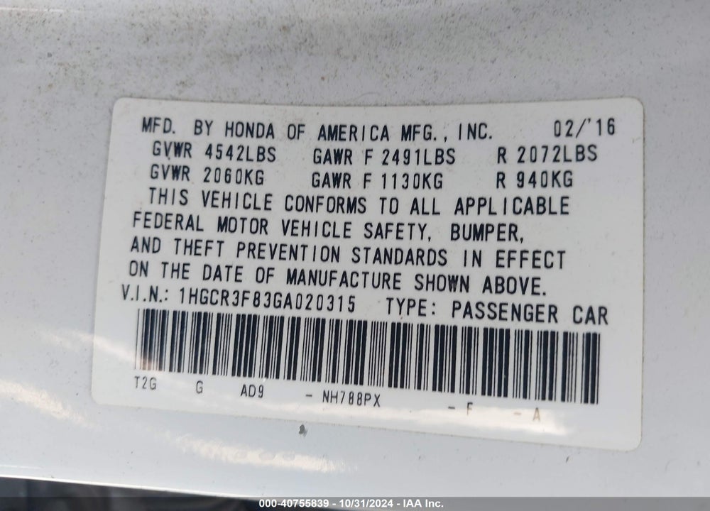 2016 HONDA ACCORD EX-L V-6 VIN: 1HGCR3F83GA020315
