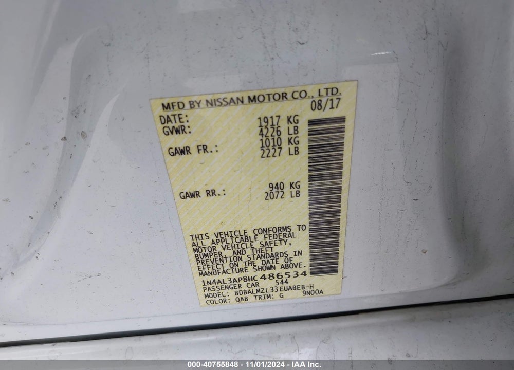 2017 NISSAN ALTIMA 2.5 SV VIN: 1N4AL3AP8HC486534