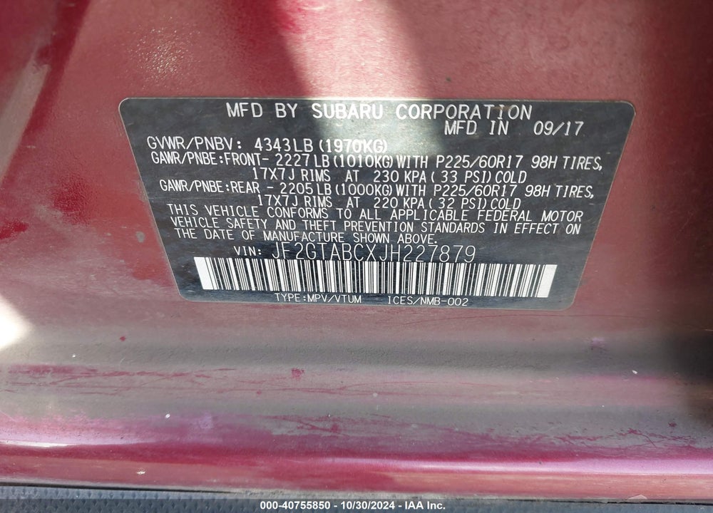 2018 SUBARU CROSSTREK 2.0I PREMIUM VIN: JF2GTABCXJH227879