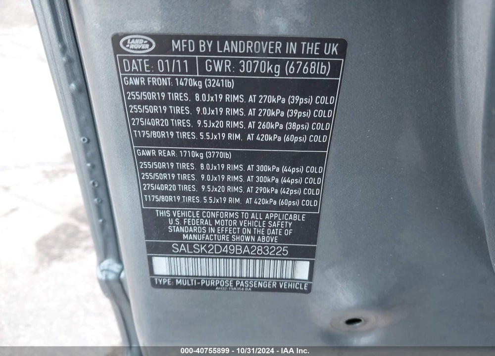 2011 LAND ROVER RANGE ROVER SPORT HSE VIN: SALSK2D49BA283225
