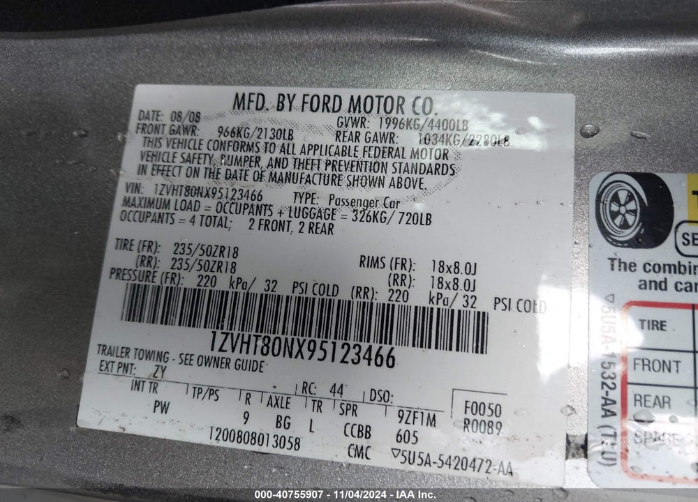 2009 FORD MUSTANG V6/V6 PREMIUM VIN: 1ZVHT80NX95123466