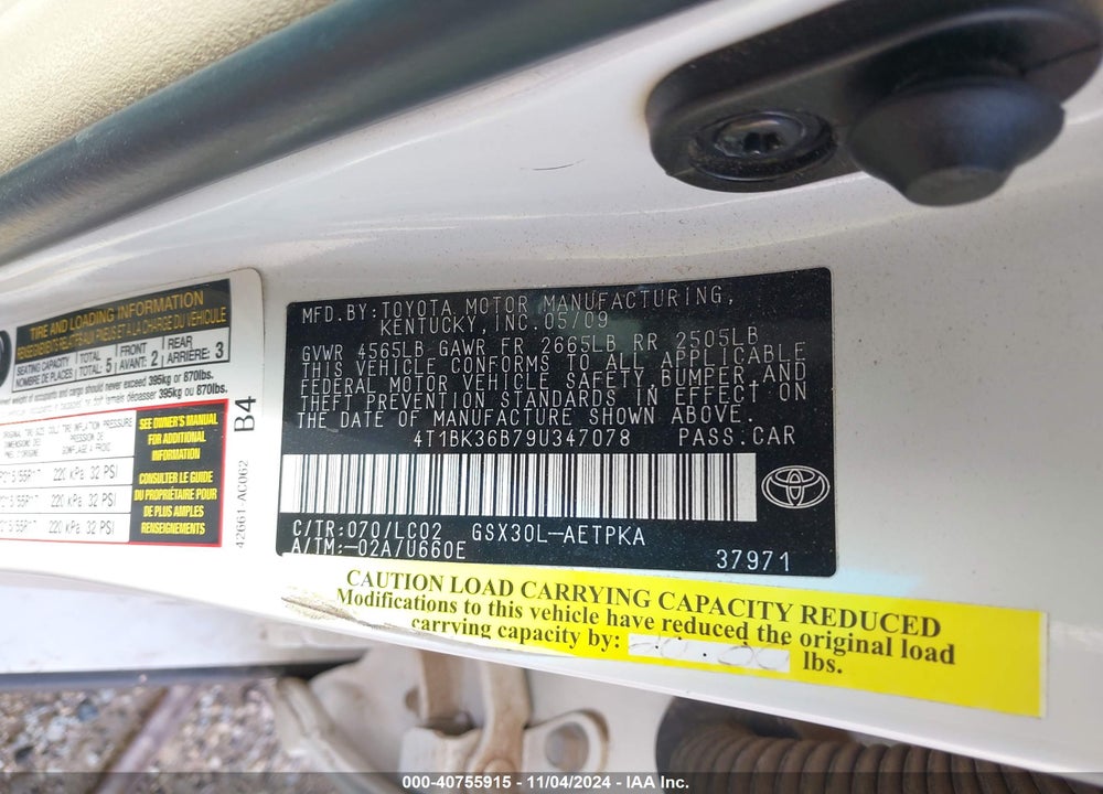 2009 TOYOTA AVALON LIMITED VIN: 4T1BK36B79U347078