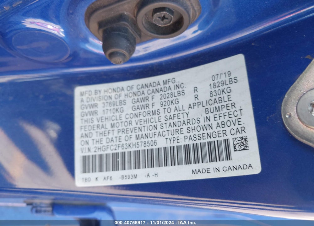2019 HONDA CIVIC LX VIN: 2HGFC2F63KH578506