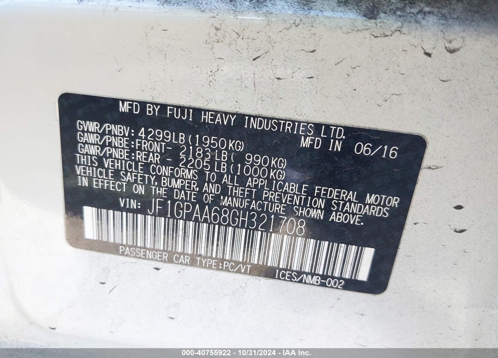 2016 SUBARU IMPREZA 2.0I VIN: JF1GPAA68GH321708