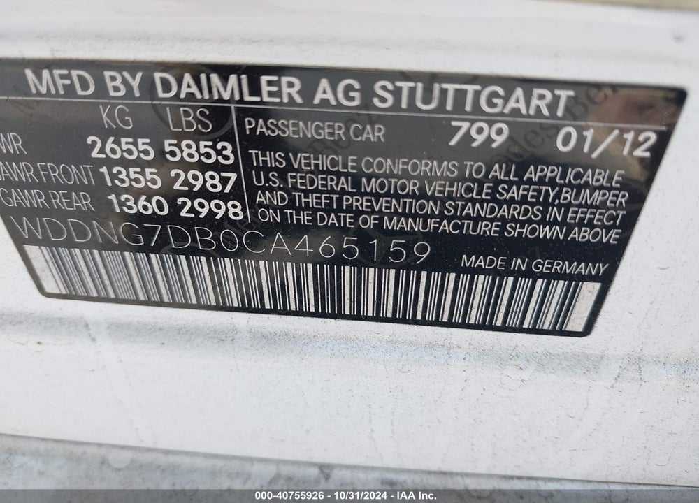 2012 MERCEDES-BENZ S 550 VIN: WDDNG7DB0CA465159