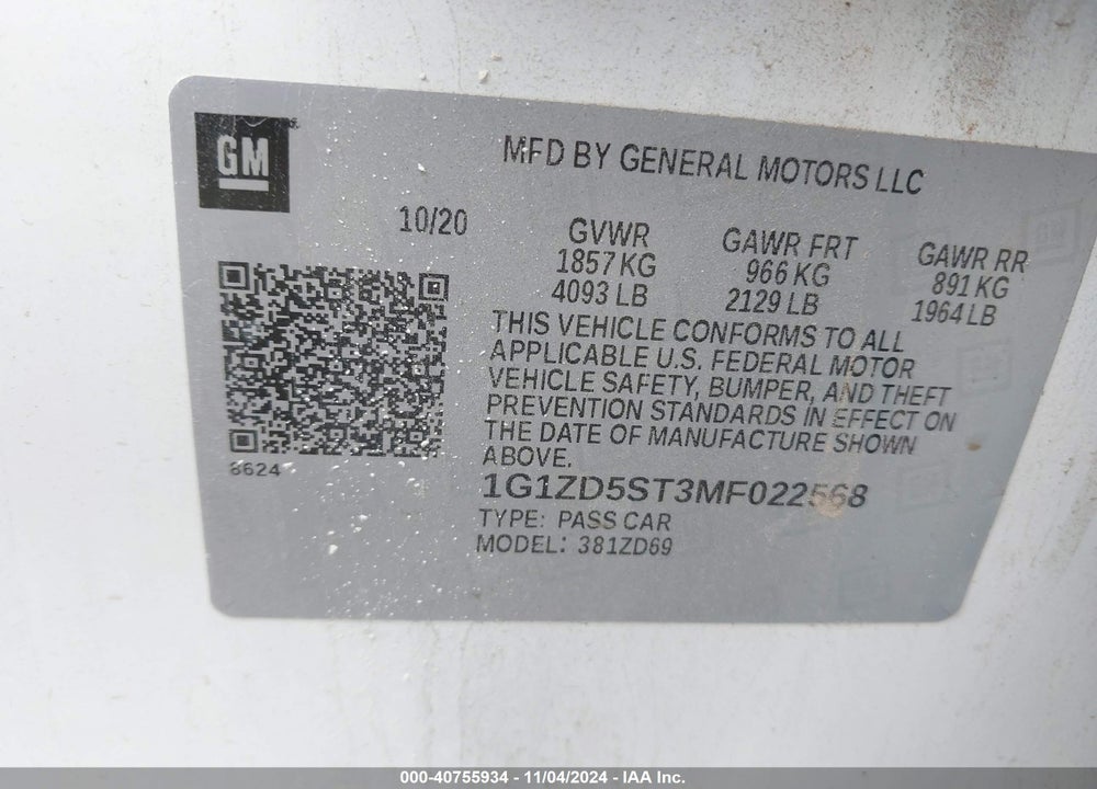 2021 CHEVROLET MALIBU FWD LT VIN: 1G1ZD5ST3MF022568