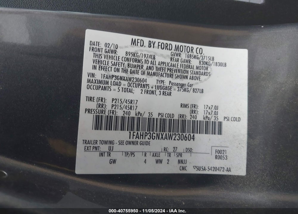 2010 FORD FOCUS SES VIN: 1FAHP3GNXAW230604