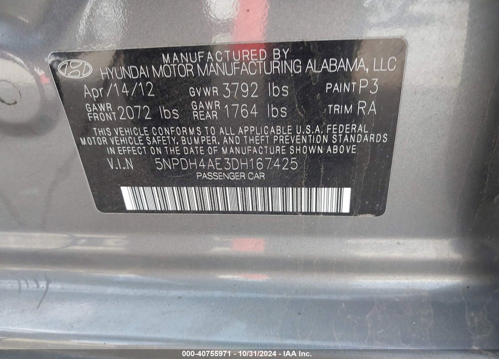 2013 HYUNDAI ELANTRA GLS VIN: 5NPDH4AE3DH167425
