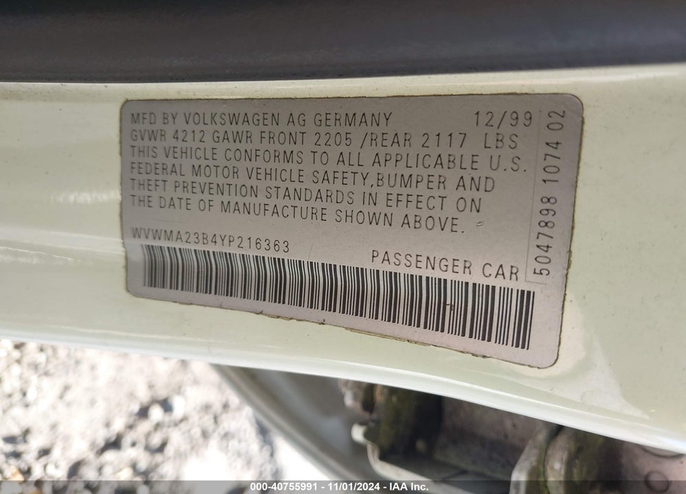 2000 VOLKSWAGEN PASSAT GLS VIN: WVWMA23B4YP216363