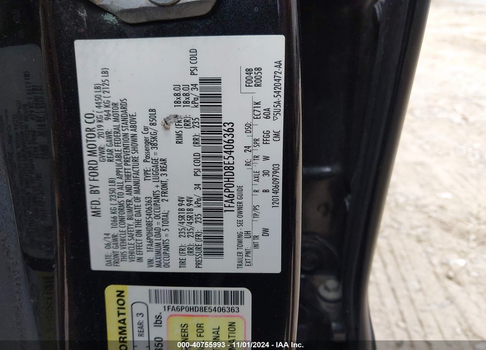 2014 FORD FUSION SE VIN: 1FA6P0HD8E5406363