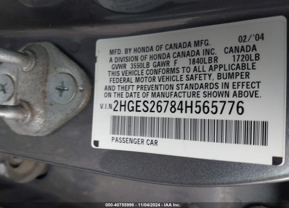 2004 HONDA CIVIC EX VIN: 2HGES26784H565776