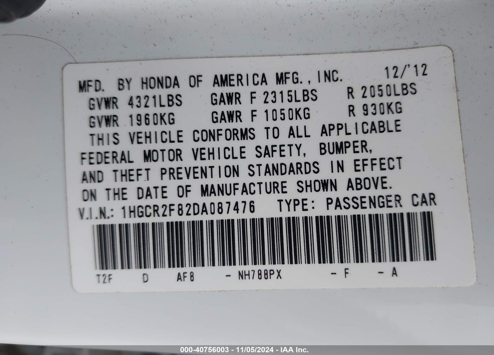 2013 HONDA ACCORD EX-L VIN: 1HGCR2F82DA087476