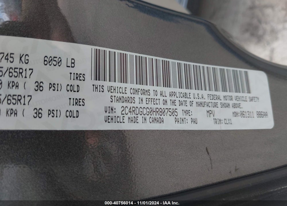 2017 DODGE GRAND CARAVAN SXT VIN: 2C4RDGCG0HR807505
