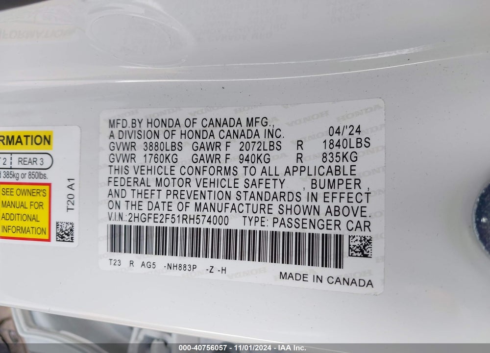 2024 HONDA CIVIC SPORT VIN: 2HGFE2F51RH574000