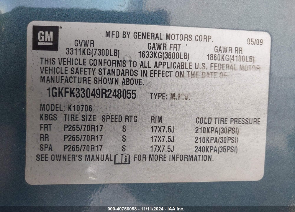 2009 GMC YUKON SLT2 VIN: 1GKFK33049R248055