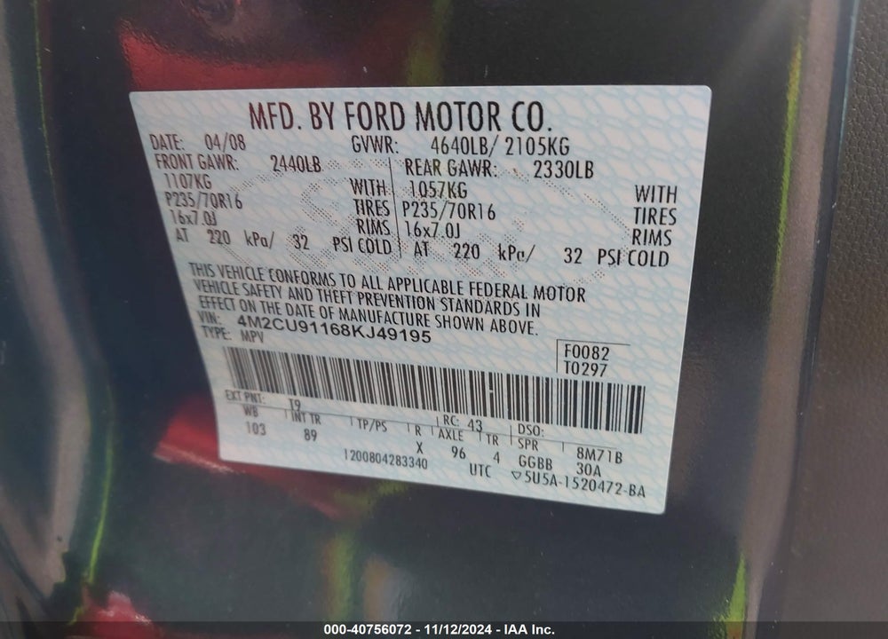 2008 MERCURY MARINER V6 VIN: 4M2CU91168KJ49195