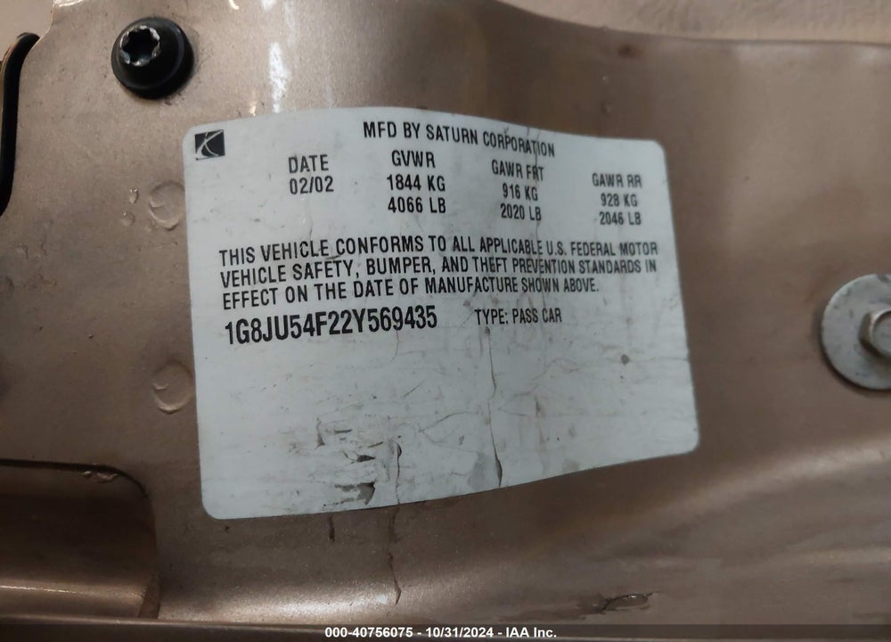 2002 SATURN L-SERIES L200 VIN: 1G8JU54F22Y569435