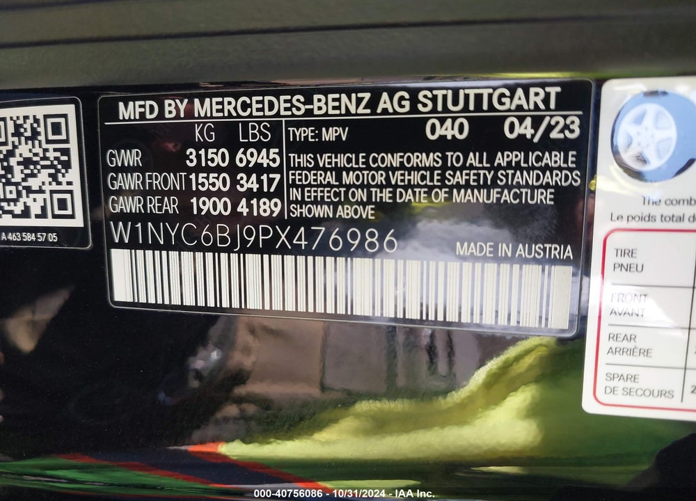 2023 MERCEDES-BENZ G 550 4MATIC VIN: W1NYC6BJ9PX476986