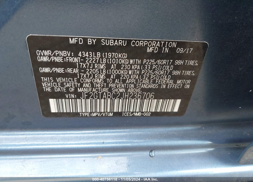2018 SUBARU CROSSTREK 2.0I PREMIUM VIN: JF2GTABC2JH236706