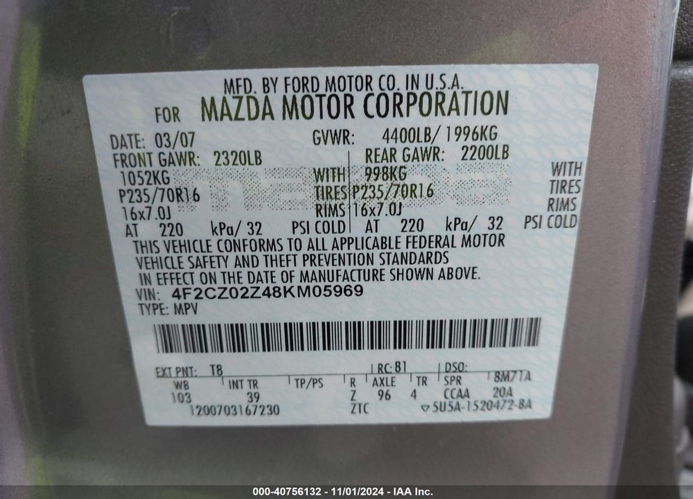 2008 MAZDA TRIBUTE I SPORT VIN: 4F2CZ02Z48KM05969
