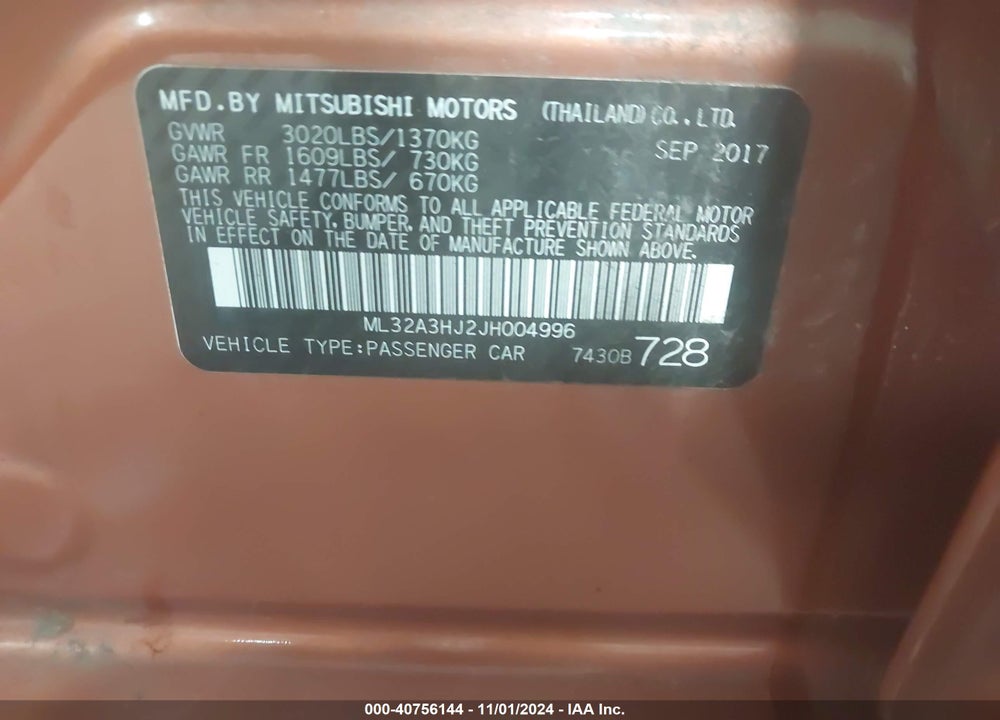 2018 MITSUBISHI MIRAGE ES VIN: ML32A3HJ2JH004996