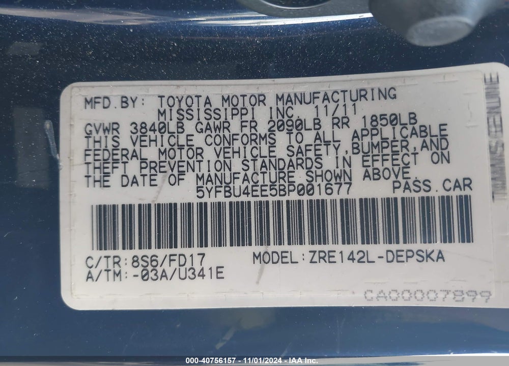 2011 TOYOTA COROLLA S VIN: 5YFBU4EE5BP001677