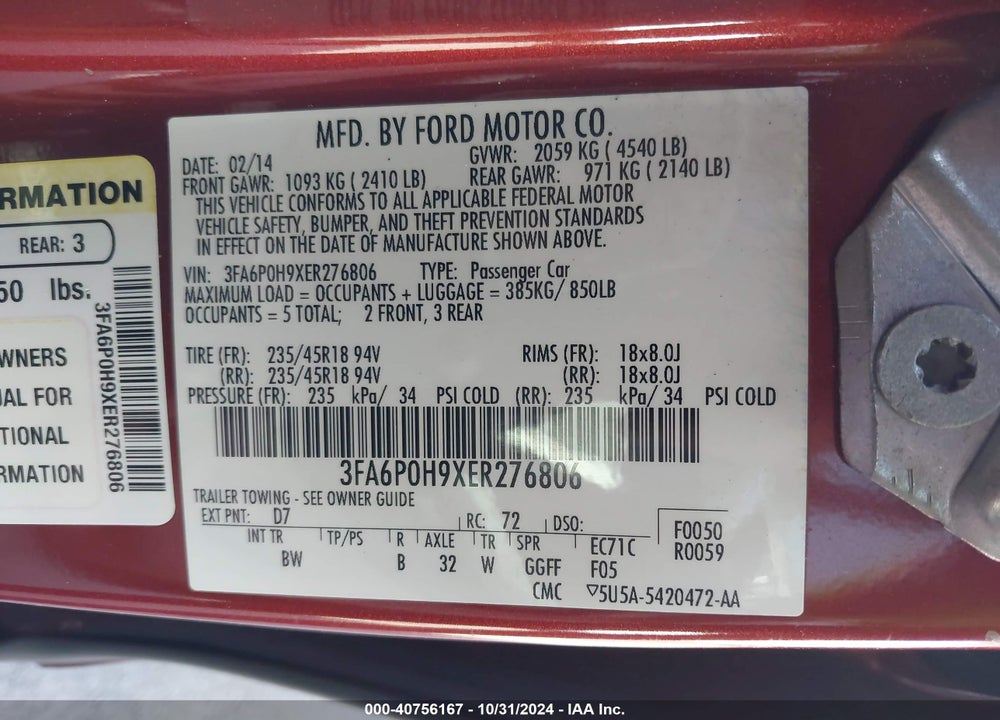2014 FORD FUSION SE VIN: 3FA6P0H9XER276806