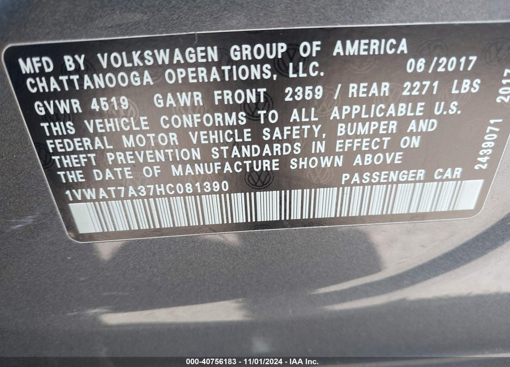 2017 VOLKSWAGEN PASSAT 1.8T S VIN: 1VWAT7A37HC081390