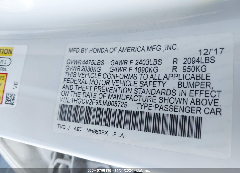 2018 HONDA ACCORD TOURING 2.0T VIN: 1HGCV2F95JA005725