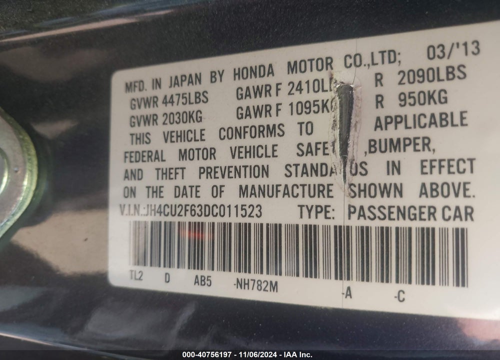 2013 ACURA TSX 2.4 VIN: JH4CU2F63DC011523