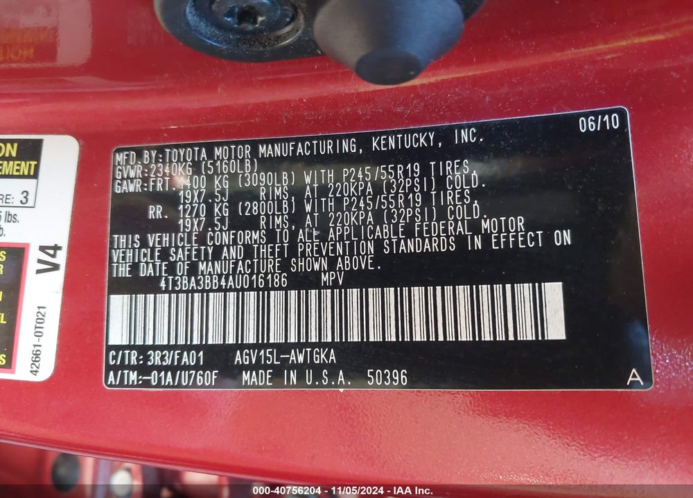 2010 TOYOTA VENZA VIN: 4T3BA3BB4AU016186