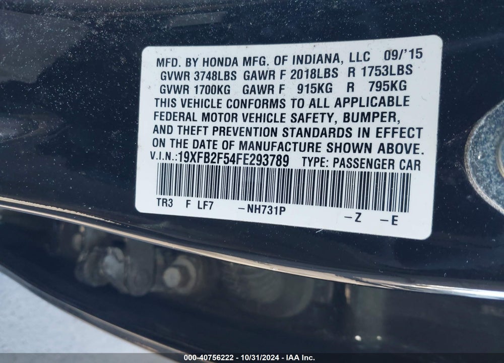 2015 HONDA CIVIC LX VIN: 19XFB2F54FE293789