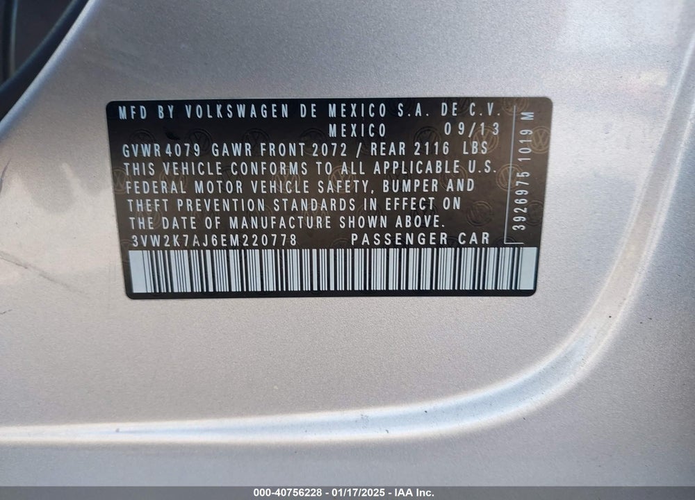 2014 VOLKSWAGEN JETTA 2.0L S VIN: 3VW2K7AJ6EM220778