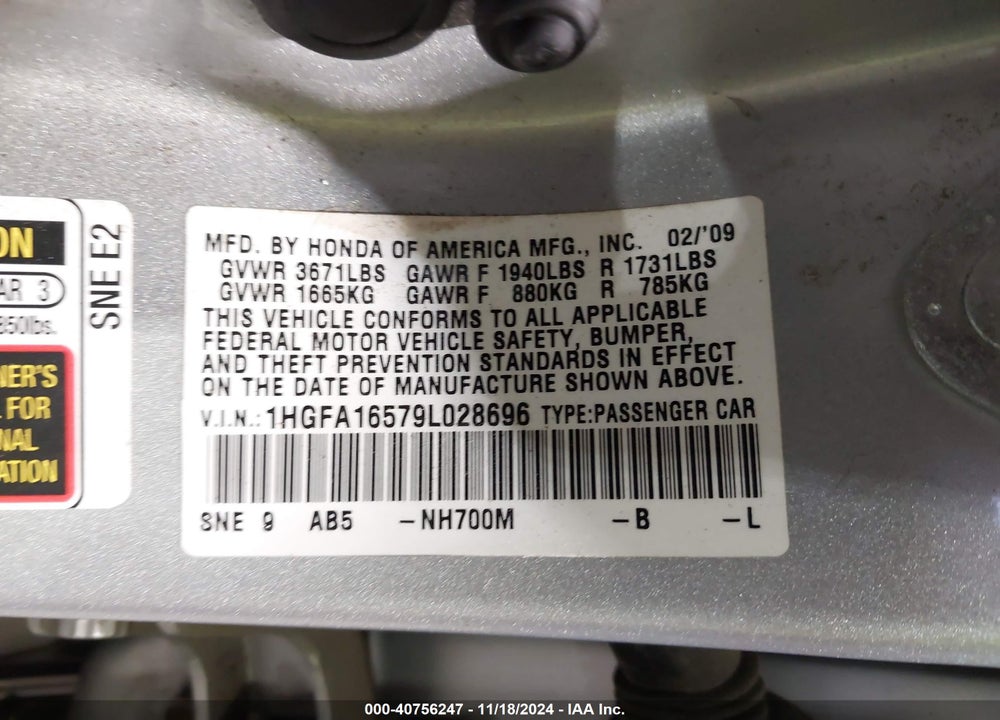 2009 HONDA CIVIC LX VIN: 1HGFA16579L028696