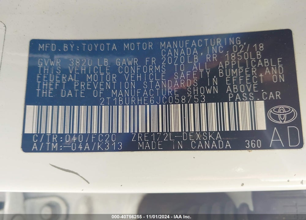 2018 TOYOTA COROLLA SE VIN: 2T1BURHE6JC058753