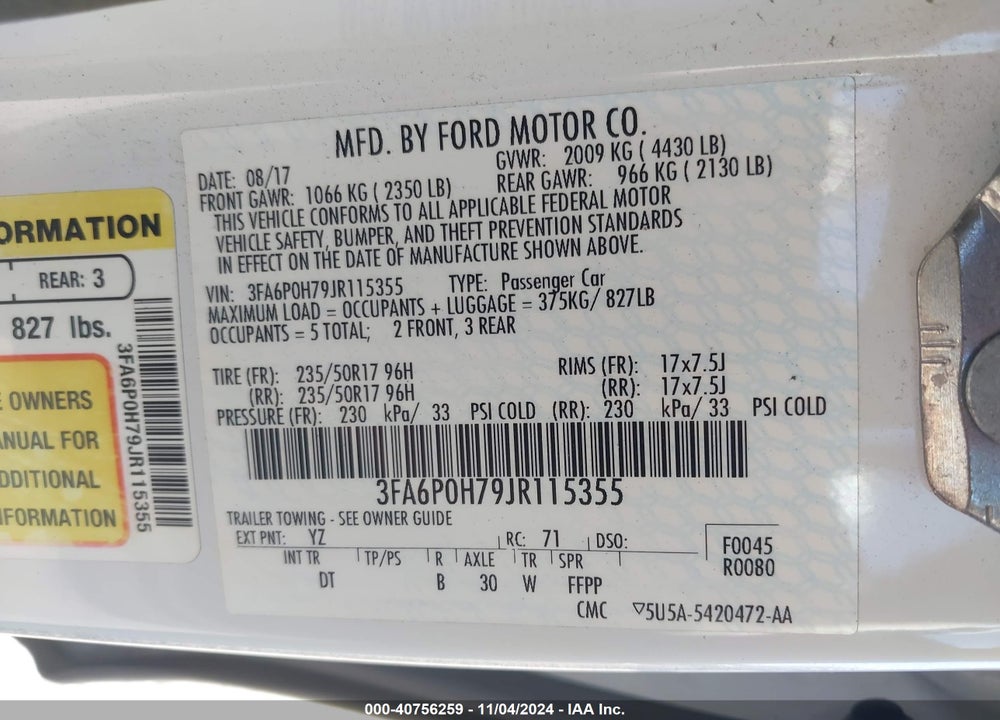 2018 FORD FUSION SE VIN: 3FA6P0H79JR115355