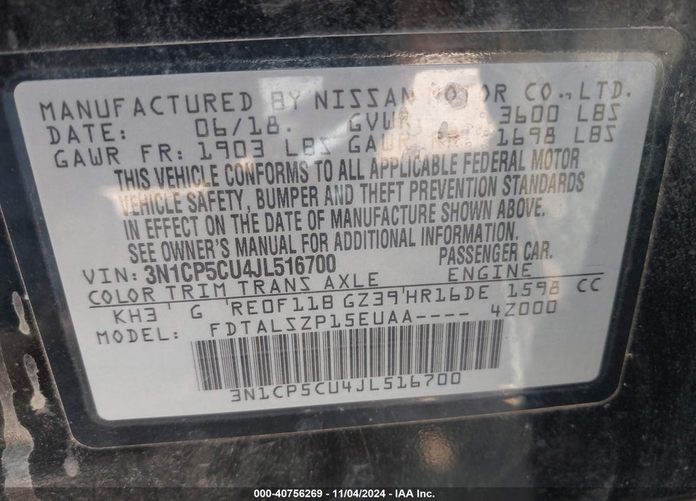 2018 NISSAN KICKS SV VIN: 3N1CP5CU4JL516700